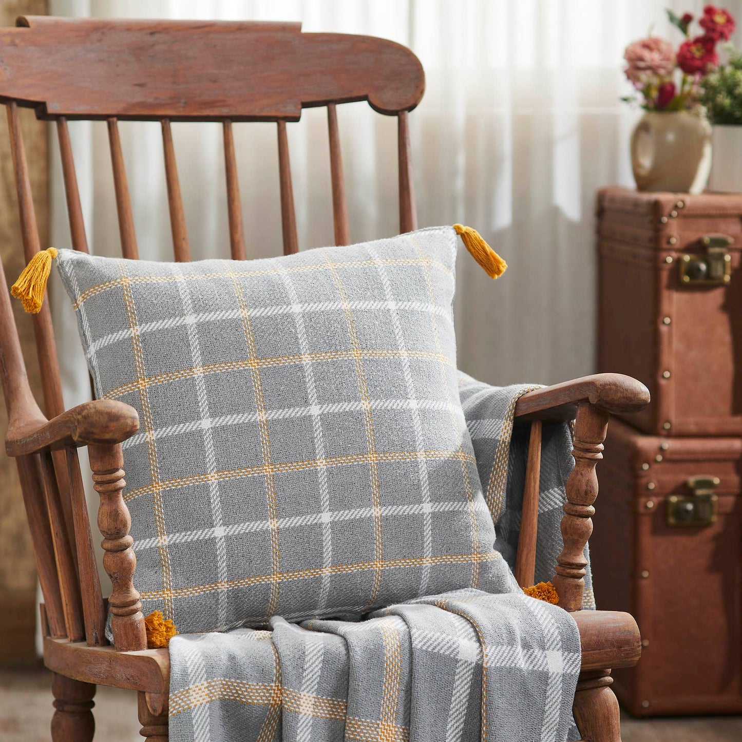 Grey Gold Windowpane Plaid Throw Pillow 18x18