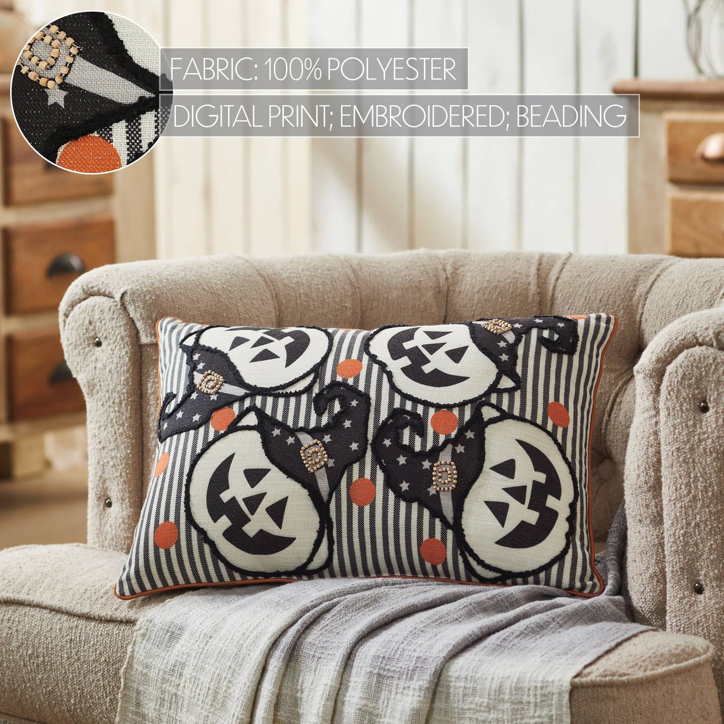 Embroidered Jack O Lantern Halloween Throw Pillow 14x20