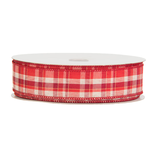 50YD - #9 Red & White Plaid Ribbon - Wired Edge