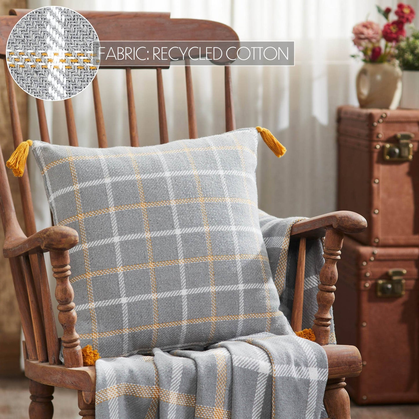 Grey Gold Windowpane Plaid Throw Pillow 18x18
