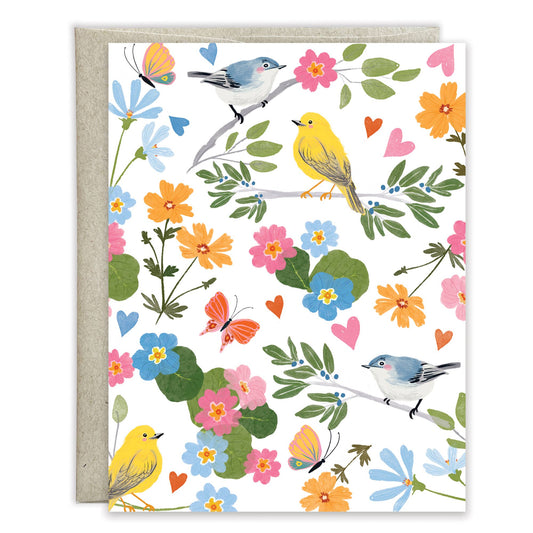 Blank Note Card - Songbirds & Flowers